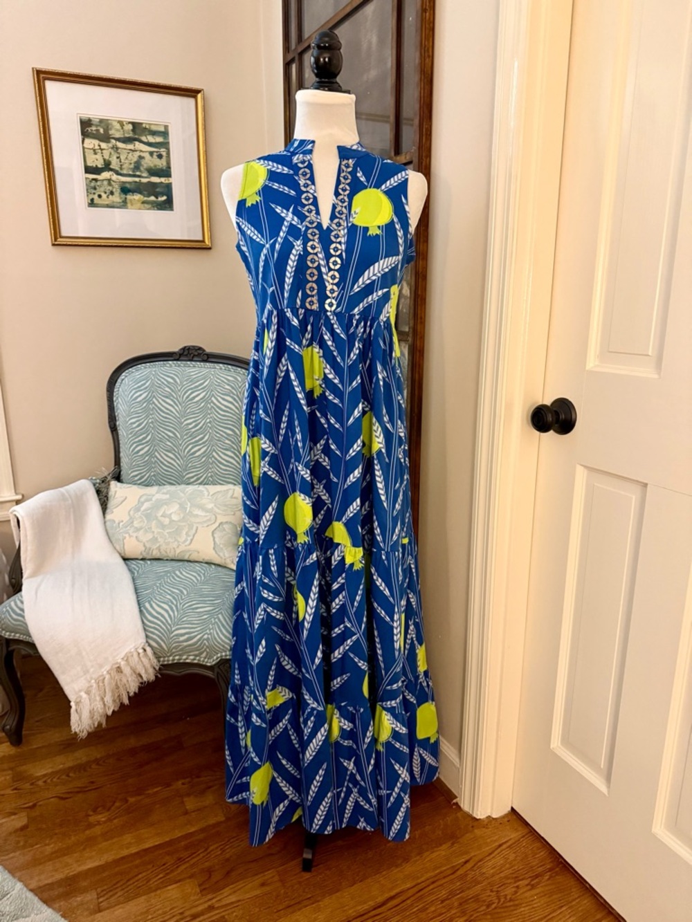 NWT!!  SHERIDAN FRENCH Tessa Maxi Dress Size XS - Blue & Lime Pomegranate